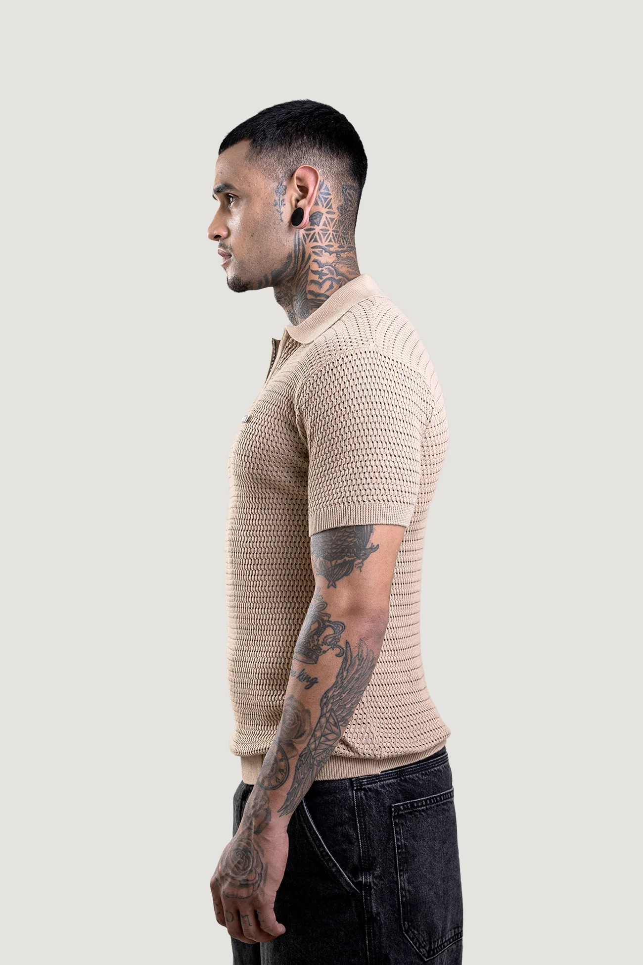 Honey Combe Beige Textured Polo T-Shirt - Image 3