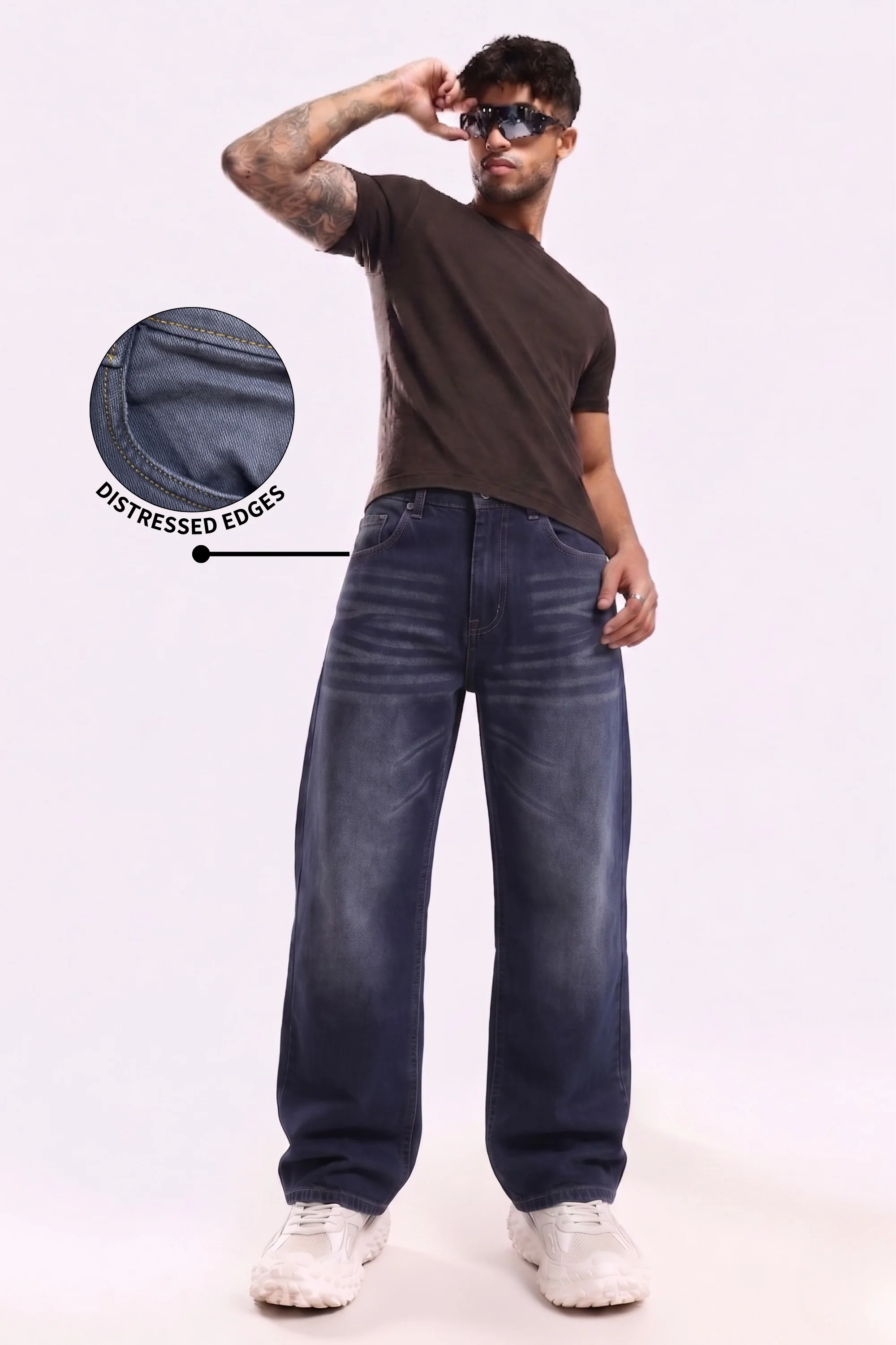 Navy Fade Wash Distressed Baggy Denim - Image 6