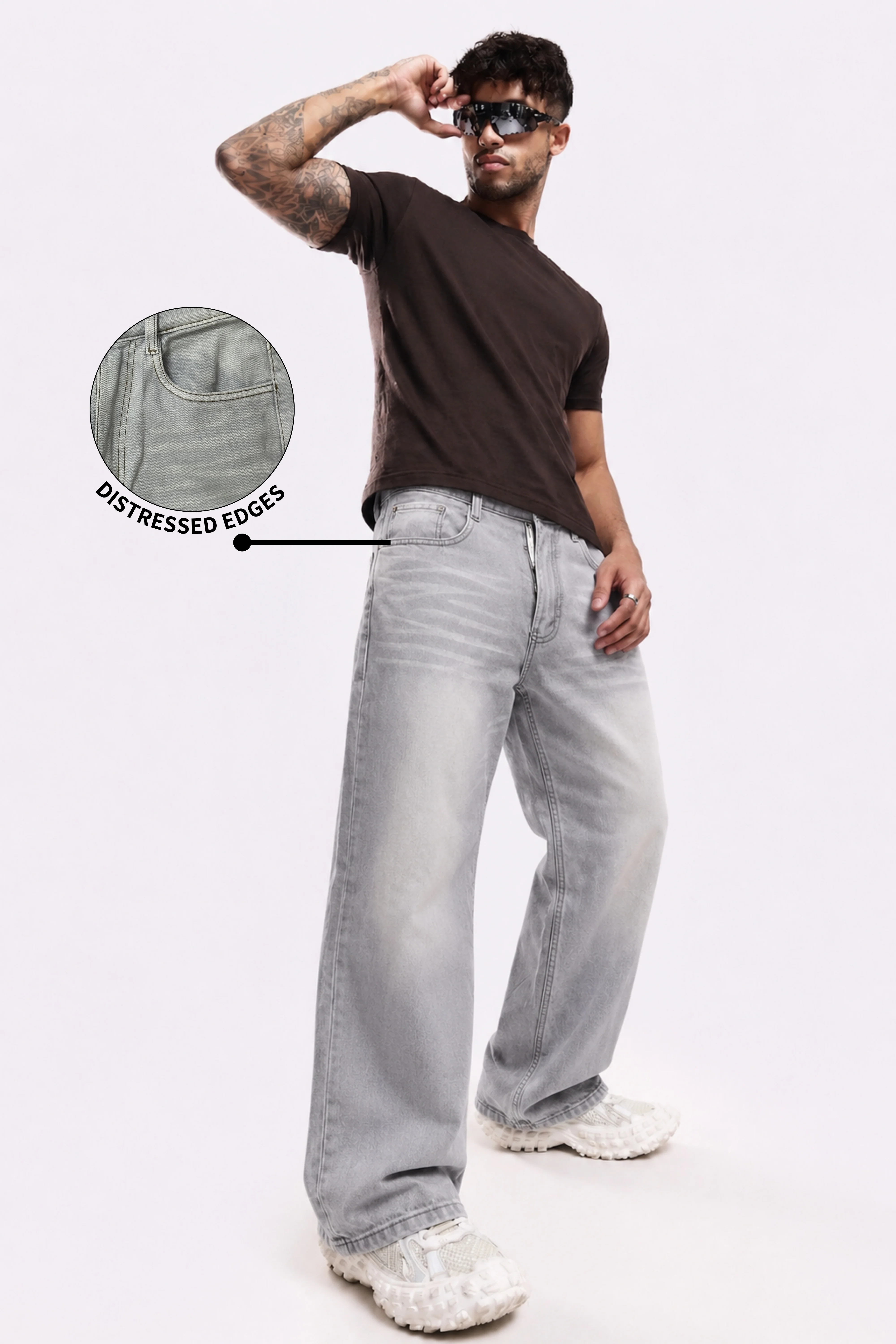Smoke Wash Grey Distressed Baggy Denim - Image 4