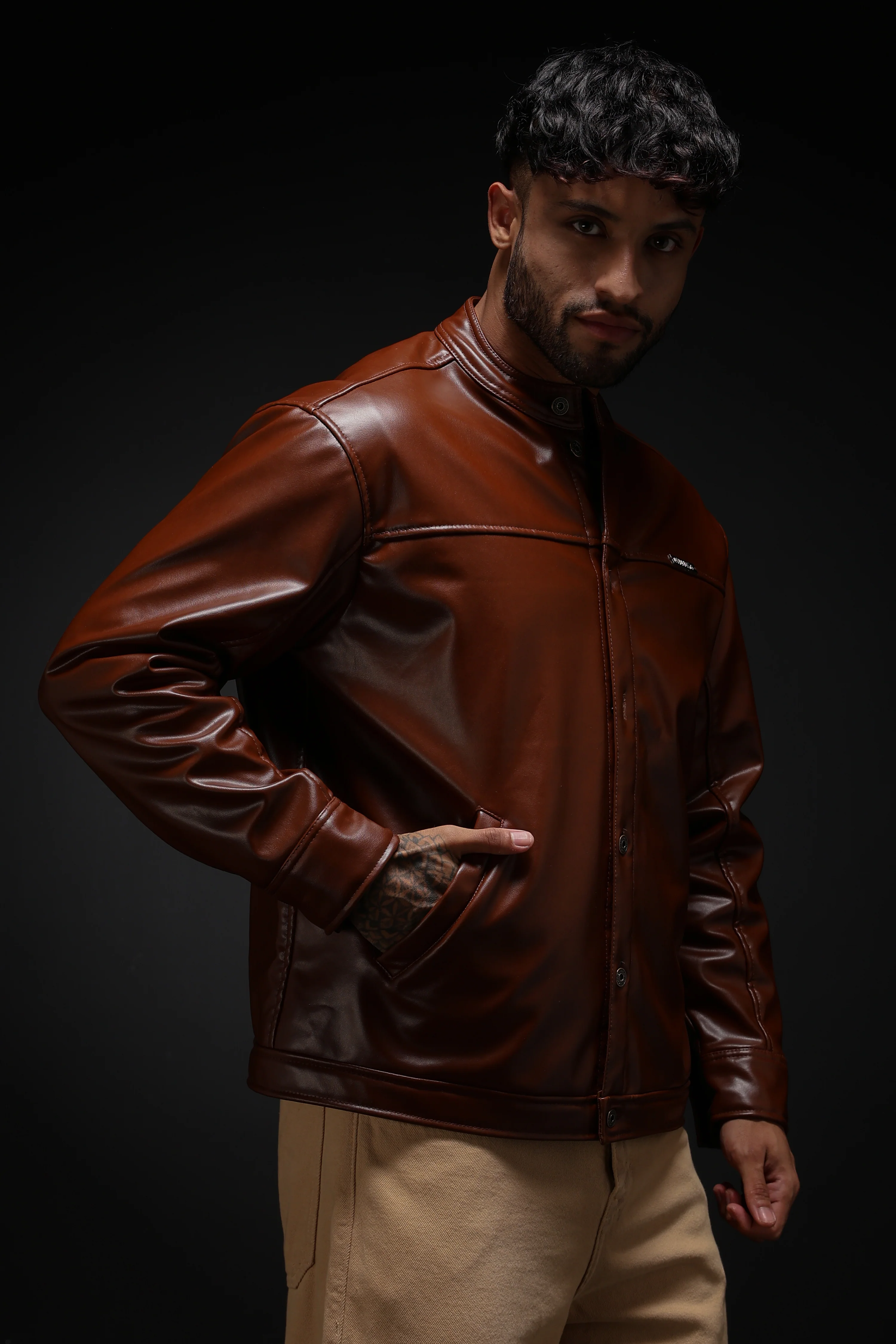 Tan Miler Faux Leather Jacket - Image 16